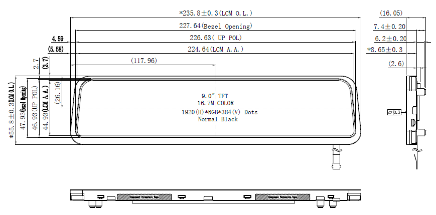 9 inch_G090-6193886302-L40PMZ(40P LVDS,1920*384,3000nits,-30~85,Rearview mirror)
