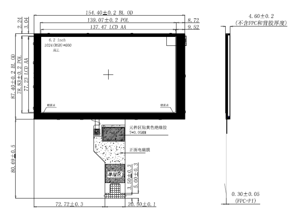 6.2inch, IPS , 1024*600, 1000nits, -30~85, 40P LVDS